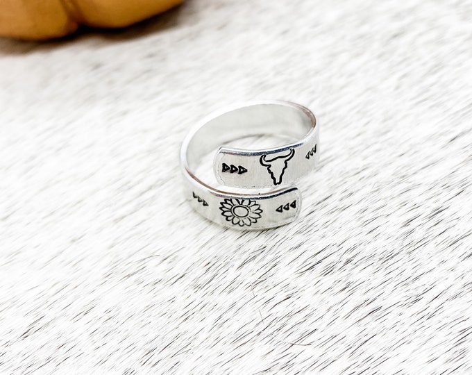 Forth Worth Wrap Ring, Western, Country, Boho, Gypsy, Hippie, Southern, Cowboy, Cowgirl, Gift, Birthday, Christmas, Sunflower, Steer Skull