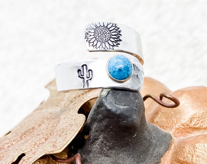 Sunny Days Turquoise Sunflower Collection Wrap Ring, Cactus Western, Country, Boho, Southern, Cowboy, Cowgirl, Gift, Birthday, Christmas