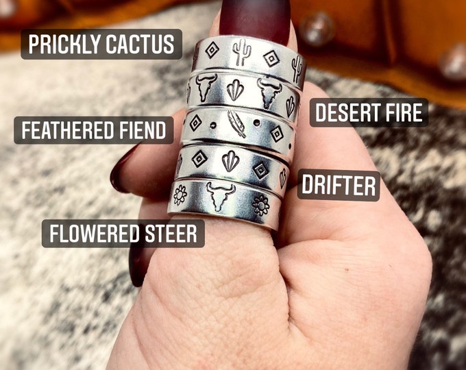 Steer Cactus Feather Flower Statement Ring, Hand Stamped, Western, Country, Boho, Gypsy, Hippie, Southern, Cowboy, Cowgirl, Desert