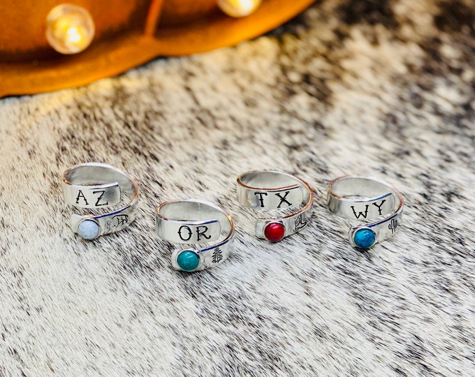 Turquoise State Wrap Ring, Western, Home State, Country, Rodeo, Cactus, Cowboy, Buffalo Stone, Red Turquoise, Southern, Southwestern