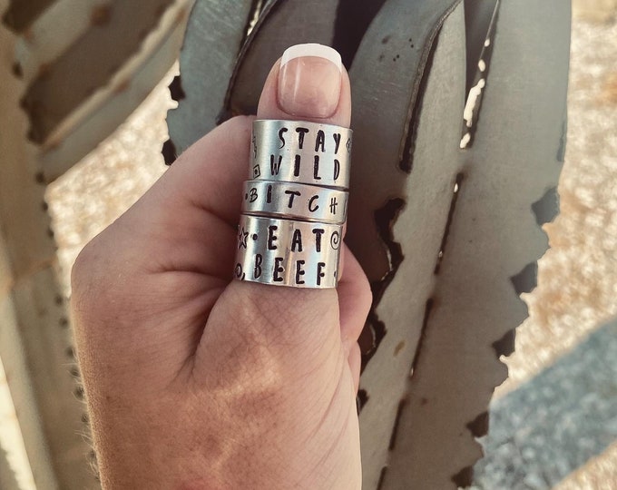 Stay Wild Bitchin,Eat Beef Stamped Thumb Ring, stamped jewelry, western, southern, southwest, hippie, boho, cowgirl, country, rodeo, western