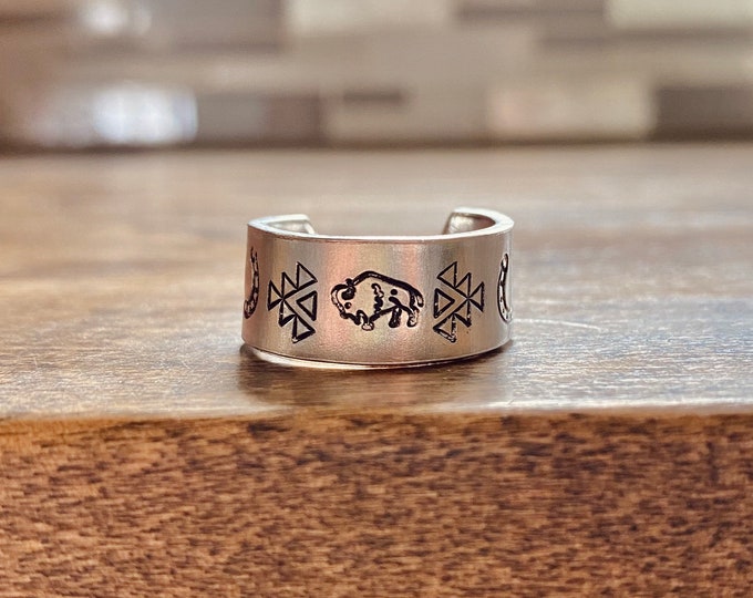Buffalo Sunflower Horseshoe Western Metal Stamped Thumb Ring Boho Gypsy Country Rodeo Cowboy