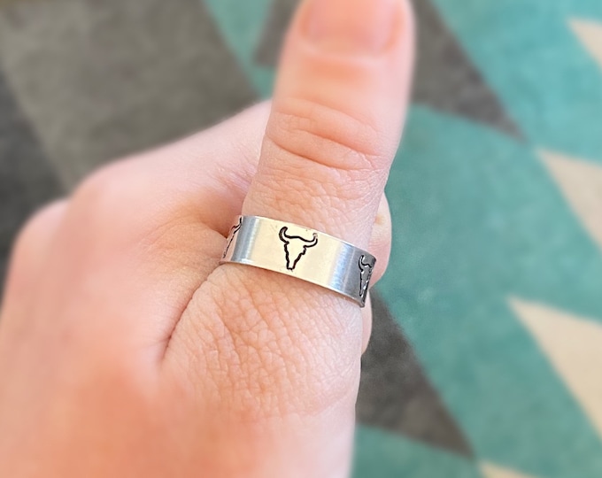 Steer Skull Metal Stamped Ring Hand Stamped Ring Country Western Rodeo Cowboy