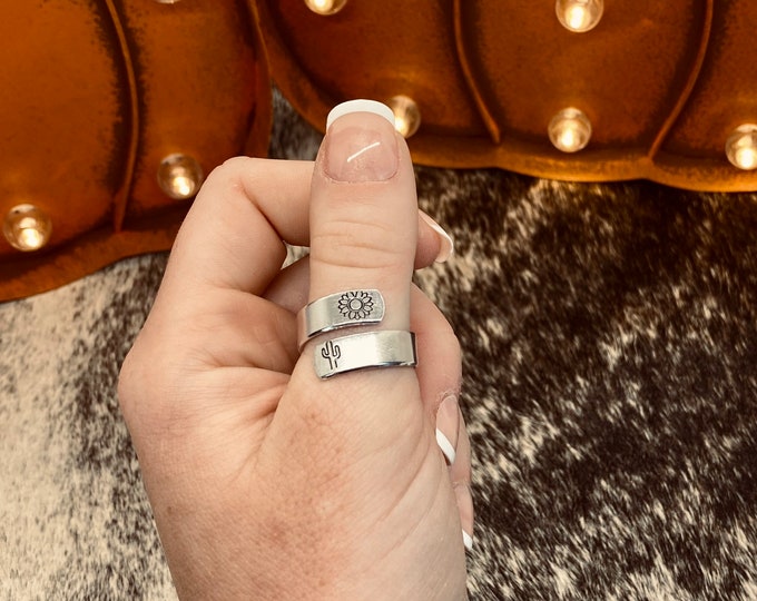 Sunflower Cactus Aluminum Wrap Ring, Stamped Jewelry, Western, Rodeo, Country, Boho, Gypsy, Cowgirl, Southern, Southwestern, Hippie, Wild