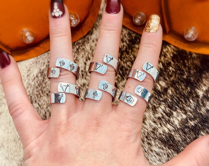 Buffalo Cactus Steer Skull Wrap Statement Stackable Wrap Ring, Western, Country, Boho, Gypsy, Hippie, Southern, Gift, Birthday, Christmas