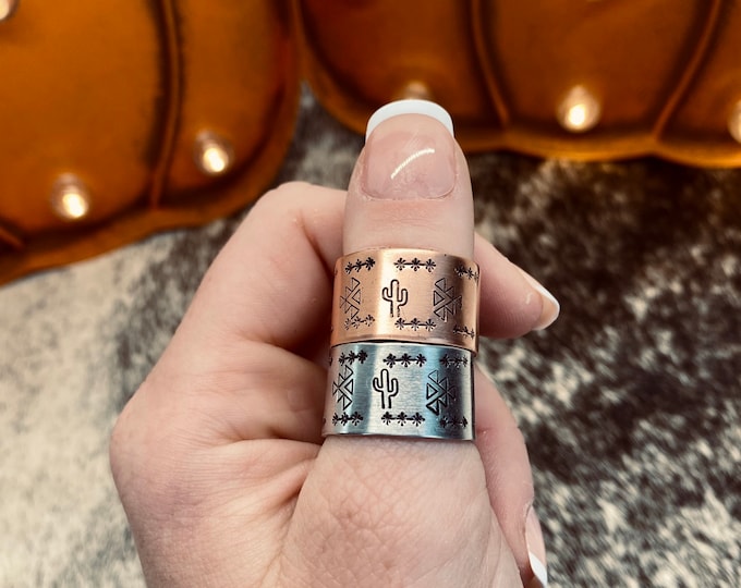 Cactus Aztec Copper Aluminum Thumb Rings, Western, Rodeo, Country, Stamped Jewelry, Cowgirl, Boho, Gypsy, Southern, Southwestern, Hippie