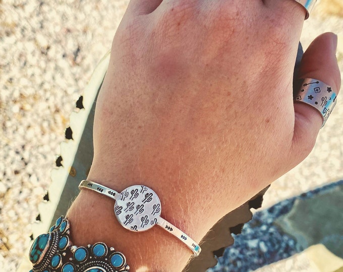 Cactus Disc Aluminum Stamped Bracelet, Thunderbird Ring, Wicked Rodeo Thumb Ring, Country, Western, Southwestern, Boho, Gypsy, Hippie