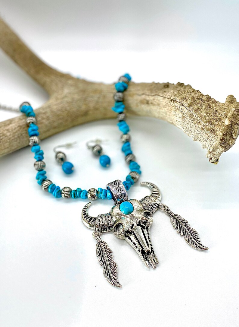 Turquoise Longhorn Pendant Necklace Set Etsy