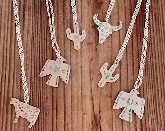 Turquoise Necklace, Thunderbird, Cactus, Aluminum, Stamped Necklace, Cow, Steer, Skull, Kingsman, Country, Rodeo, Western Cowboy, Cowgirl