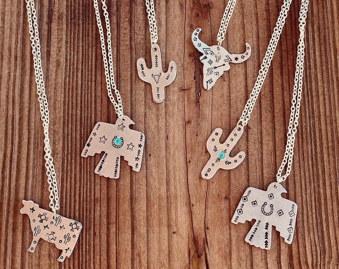 Turquoise Necklace, Thunderbird, Cactus, Aluminum, Stamped Necklace, Cow, Steer, Skull, Kingsman, Country, Rodeo, Western Cowboy, Cowgirl