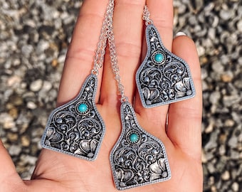 Turquoise Floral Embossed Ear Tag Necklace