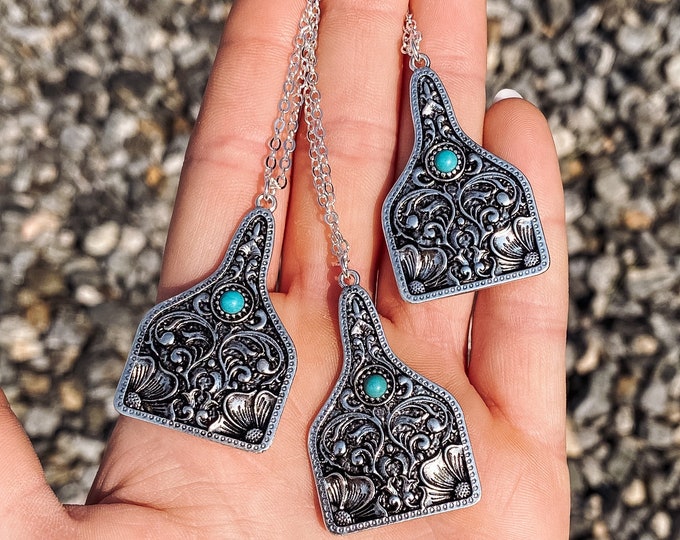 Turquoise Floral Embossed Ear Tag Necklace