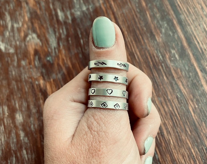 Stackable metal stamped rings western rodeo country lightening bolt hearts stars Aztec country outdoors small rings hand stamped jewelry