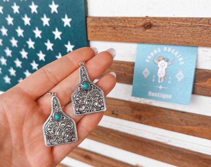 Floral Embossed Ear Tag Turquoise Earrings
