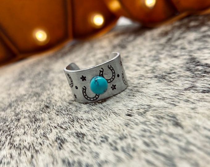 Turquoise Horseshoe Stamped Adjustable Ring, Western, Country, Boho, Gypsy, Hippie, Southern, Southwestern, Cowgirl