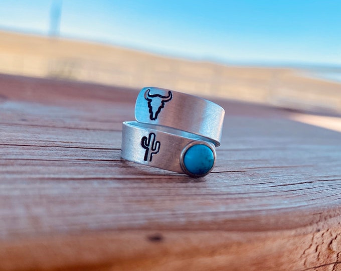 Turquoise Wrap Ring, Western, Rodeo, Steer, Cow, Skull, Country, Cowgirl, Southern, Southwestern, Stamped Jewelry, Cactus, Boho, Hippie