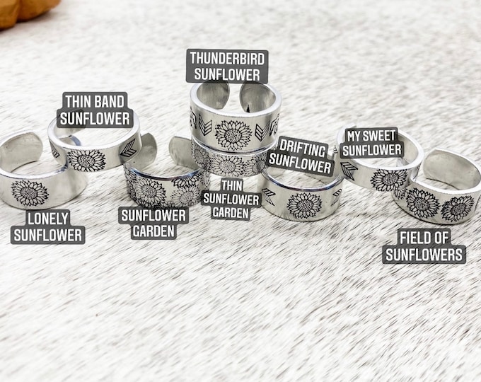 Sunflower Collection Aluminum Rings, Western, Country, Boho, Southern, Cowboy, Cowgirl , Gift , Birthday, Christmas, Outdoors, Nature, Sun