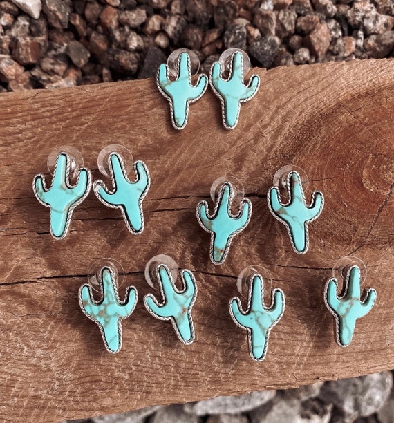 Turquoise Cactus Stud Earrings Western Country Southern