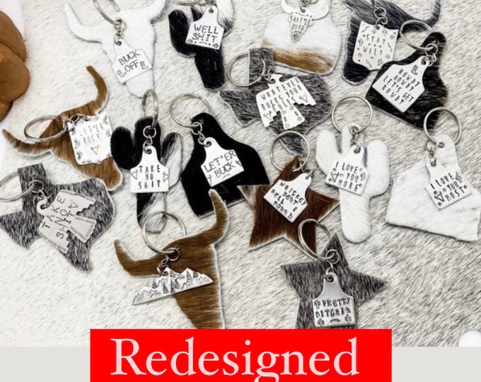 Cowhide Keychains, Texas, Cow Tag, Cactus, Star, Western, Rodeo, Keychain Accessories, Cowboy, Cowgirl, Country, FFA, Gypsy, Boho, Southern