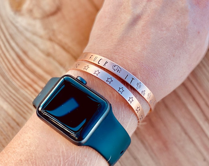 Bronze “Fuck It” stamped bracelet, star spangled bangle, western, cactus, rodeo, buffalo, aluminum, southern, southwestern, inappropriate