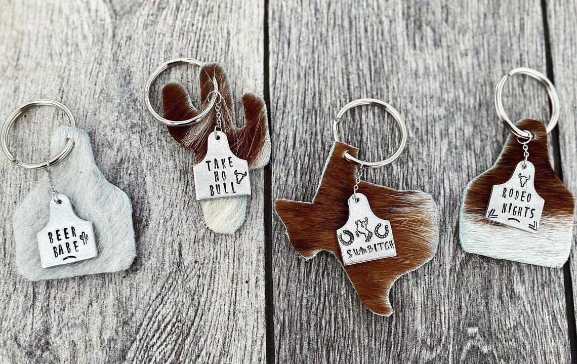 Cowhide Keychains Texas Cow Tag Cactus Star Western Etsy