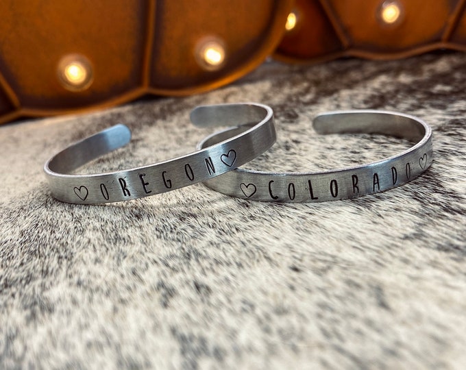 State Aluminum Stamped Bracelet, Western, Hometown, Home State, Country, Boho, Gypsy Souther, Hippie, Rodeo, Gift, Birthday, Homesick