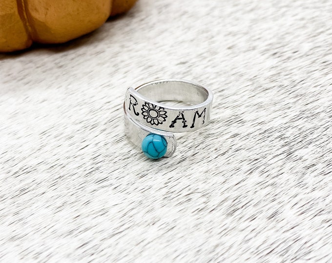 Turquoise Sunflower “Roam” Wrap Ring, Sunflower Collection, Western, Country, Boho, Southern, Cowboy, Cowgirl, Gift, Birthday, Christmas