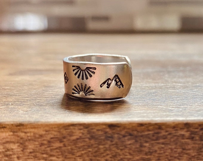 Mountain Sunset Metal Stamped Ring Country Western Rodeo Outdoors