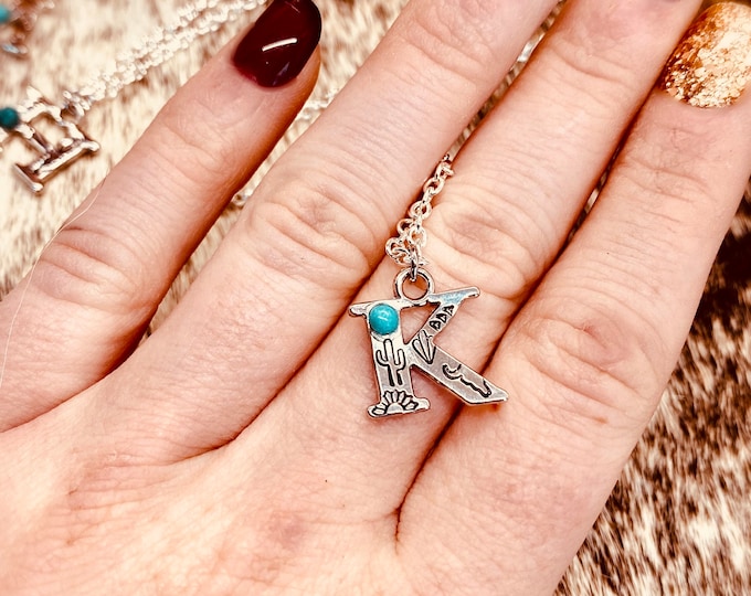 Turquoise Silver Initial Stamped Necklace, Western, Country, Boho, Gypsy, Hippie, Southern, Cowboy, Cowgirl, Gift, Christmas, Birthday