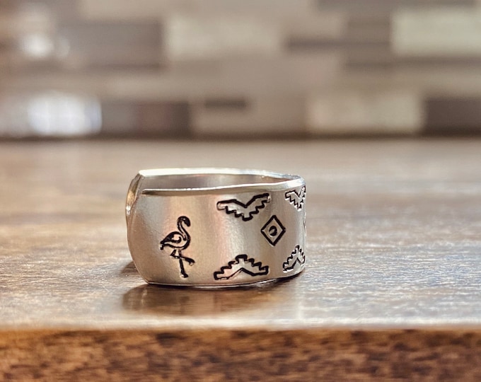 Flamingo Aztec Hand stamped Hand Made Thumb Ring Western Rodeo Country Animal Wildlife Outdoors