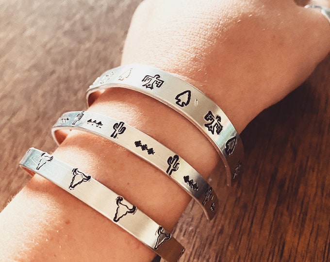 Metal Stamped Bracelet Cactus Thunderbird Steer skull western rodeo country cowboy cowgirl