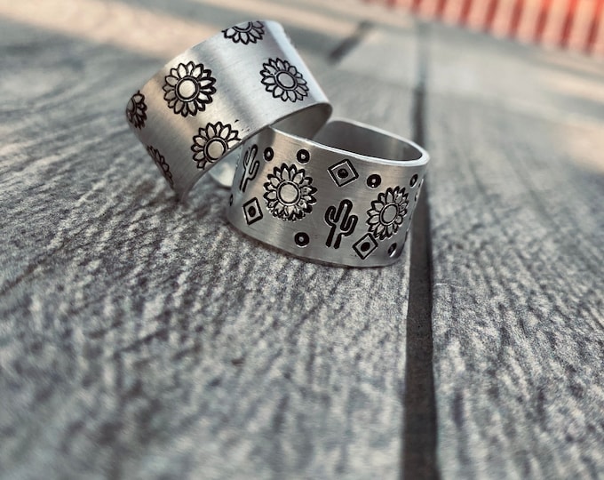 Sunflower, Cactus, Not my Pasture Not my Bullshit, bracelet, ring, aluminum stamped, western, Rodeo, country, southern, Gypsy, Hippie, boho