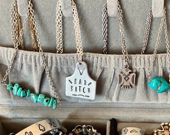 Bad Bitch Ear Tag Necklace, Cow Tag, Ear Tag, Metal Stamped, Western Country, Cowboy, Cowgirl, Rodeo, Southern, Southwest, Boho, Hippie,