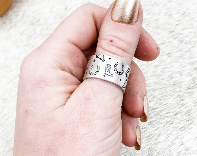 Wayfaring Strangers Thumb Ring, Western, Country, Southern, Cowboy, Cowgirl, Gift, Birthday, Christmas, Cowboy Boots, Horseshoe, Steer Skull