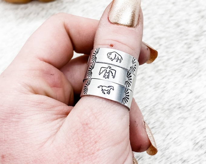 Thin Stackable Thunderbird Buffalo Running Horse Rings, Western, Country, Boho, Southern, Cowboy, Cowgirl, Gift, Birthday, Christmas