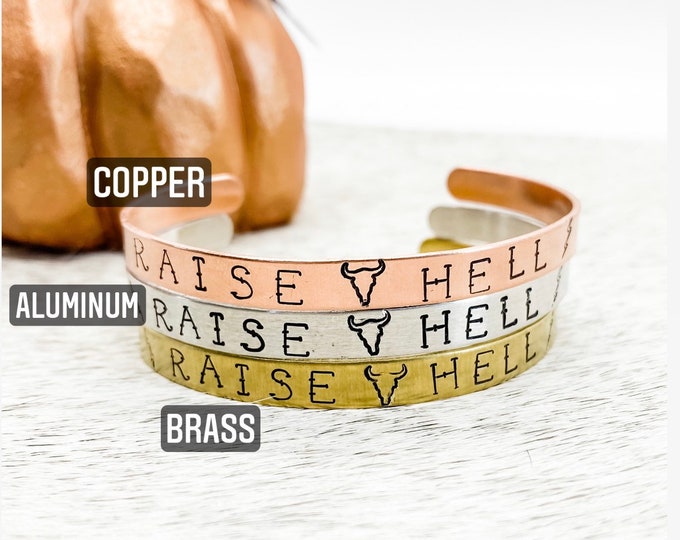 Raise Hell Steer Skull Lightning Bolt Copper Aluminum Brass Cuff Bracelet, Western, Country, Boho, Gypsy, Southern , Cowboy, Gift, Birthday