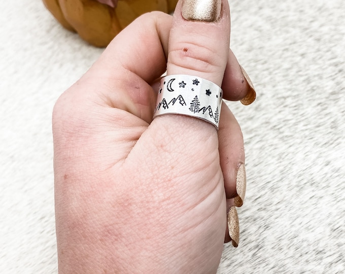 Mountain Escape Stars Moon Statement Thumb Ring, Western, Country, Southern, Cowboy, Cowgirl, Outdoors, Camping, Night Sky