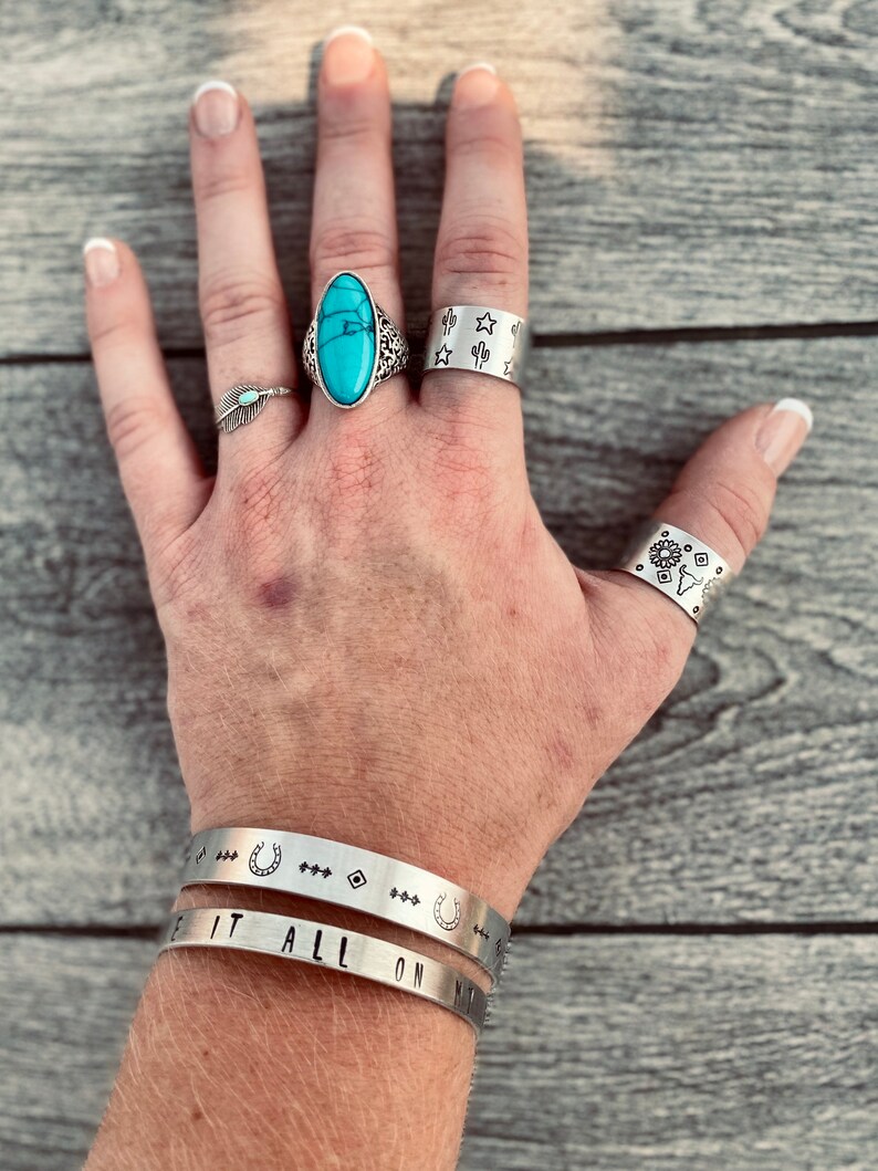 Southern Boho Western Bracelets Blame it all on my roots Horseshoe Country Southwest Gypsy Sunflower Cactus Steerskull Ring Rodeo