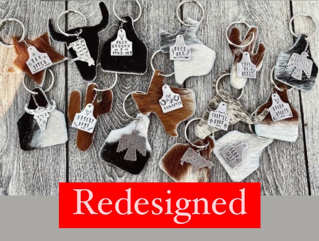 Cowhide Keychains Texas Cow Tag Cactus Star Western Etsy