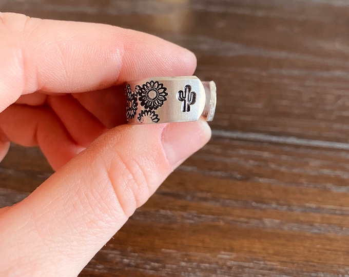 Metal Stamped Cactus Full Sunflower Half Sunflower Country Western Ring