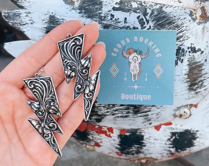 Silver Embossed Lightning Bolt Earrings