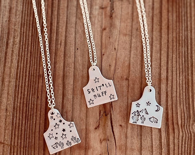 Cow Tag Stamped Necklace, Aluminum, Buffalo, Horse, Cactus, Star, Mountains, Ear Tag, Cowboy, Cowgirl, Western, Rodeo, Boho, Hippie, Gypsy