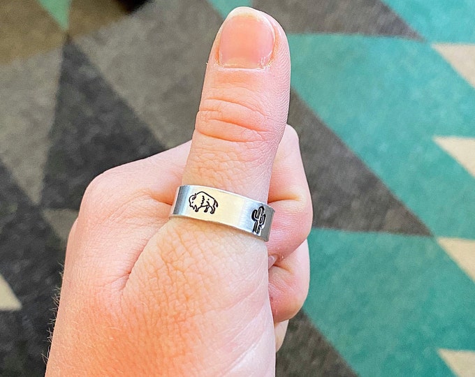 Buffalo Cactus Hand Stamped Ring Country Western Rodeo Outdoors Cowboy