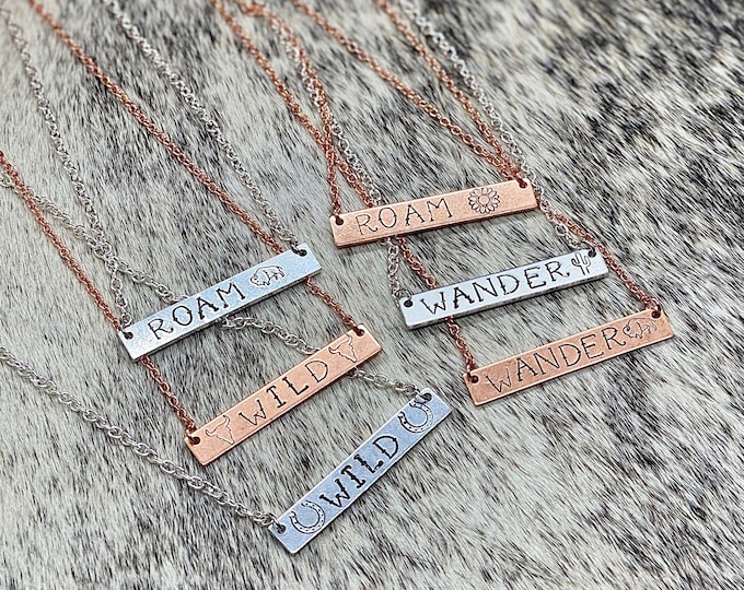 Rode Gold Silver Bar Necklace, Roam, Buffalo, Cactus, Western, Wander, Country, Boho, Gypsy, Hippie, Southern, Southwestern, Wild, Steer