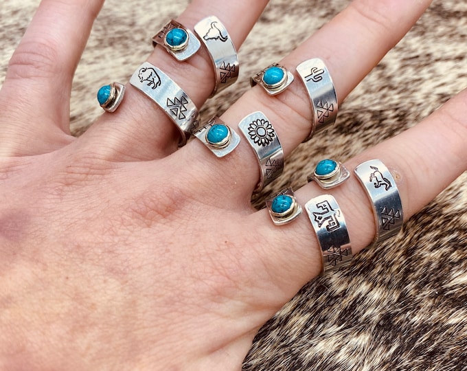 Turquoise Wrap Ring, Cactus, Buffalo, Thunderbird, Sunflower, Steer Skull, Running Horse, Western, Country, Boho, Gypsy, Hippie, Southern