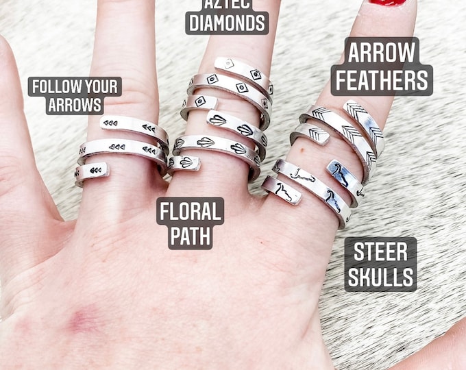 Three Wrap Aztec Rings, Western, Country, Boho, Gypsy, Hippie, Southern, Cowboy, Cowgirl, Gift, Birthday, Steers Skulls, Arrows