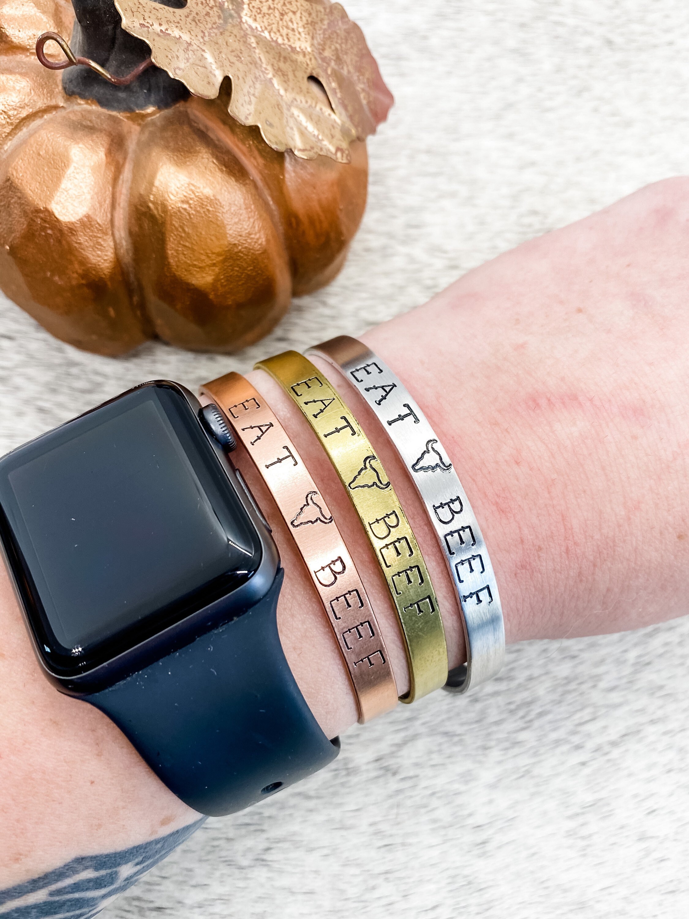 Mini Cow Skulls & Horseshoes Western Hand Stamped Metal Cuff Bracelet