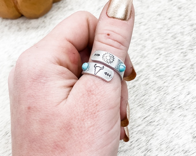 Fort Worth Dream Turquoise Wrap Ring, Western, Country, Sunflower, Steer Skull, Southern, Cowboy, Cowgirl, Gift, Birthday, Christmas