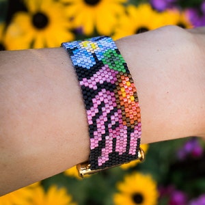 Dark Garden, wildflowers, beaded cuff, summer flowers, ooak jewelry