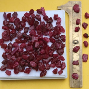 May include: A collection of raw, uncut ruby gemstones in varying sizes and shapes, displayed on a white tray. A brass ruler is positioned next to the gemstones for scale, with a bright yellow background.